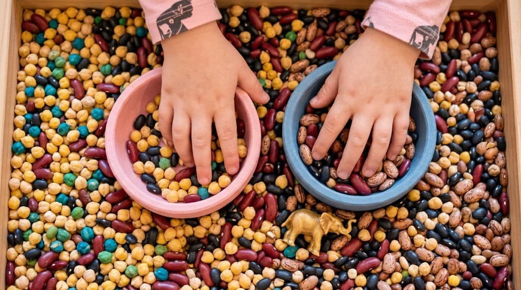 A child's hands pressing into two bowls set in a tray of dried beans and chickpeas.