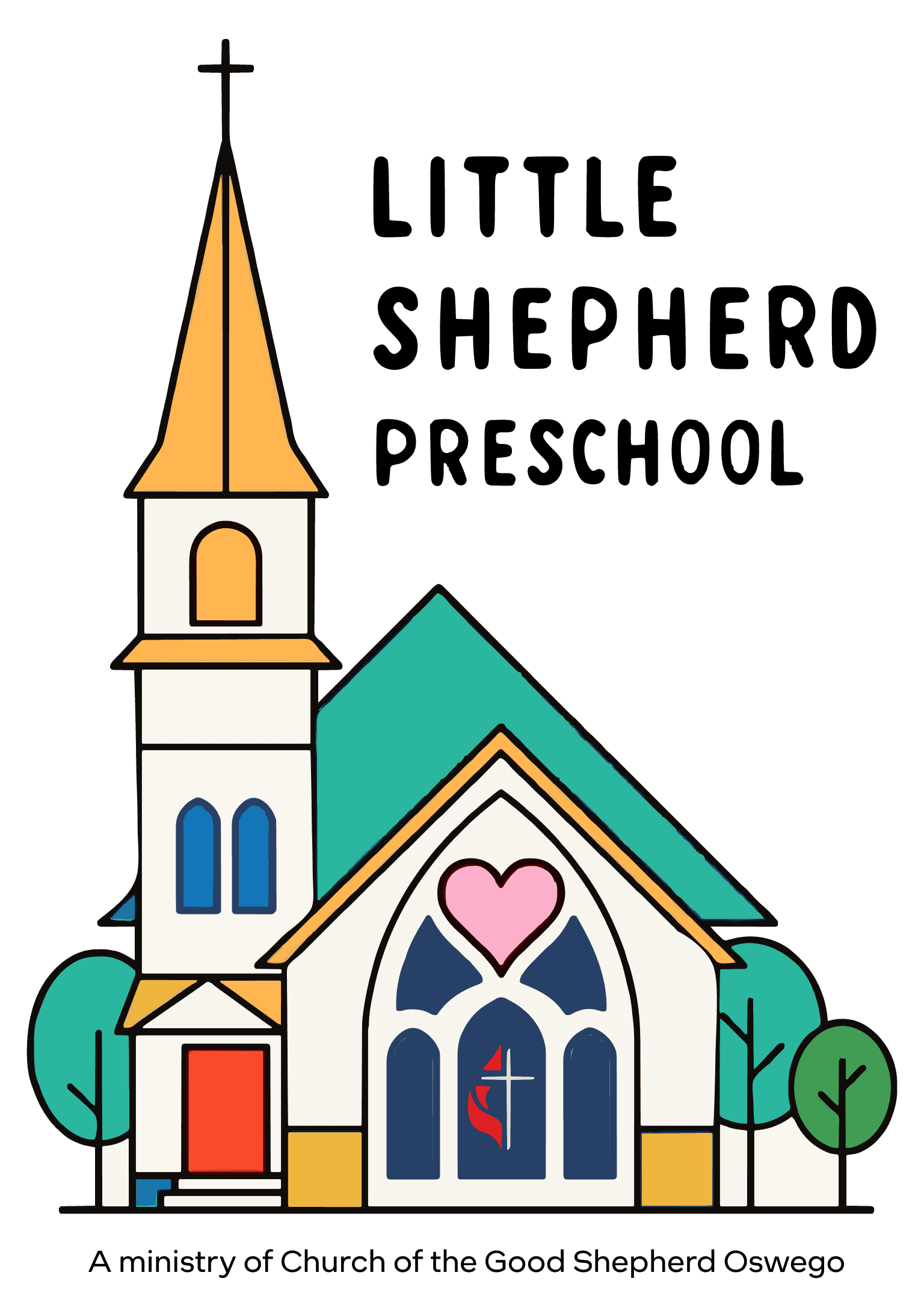 The Little Shepherd Preschool logo: an illustration of Church of the Good Shepherd, the steepled church the school calls home.